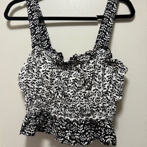 LOFT Black and White Smocked Ruffled Tank Top